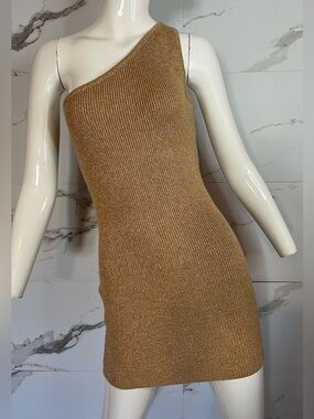 Lioness One-Shoulder Ribbed Bodycon Stretch Knit Mini Dress Camel Tan Size XXS